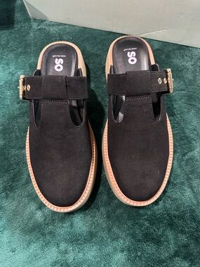 SO Black Suede Men’s Buckle Slip-On Loafers with Tan Trim